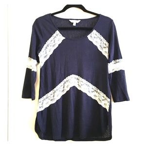 Charming Charlie Navy Blue and White Lace Top